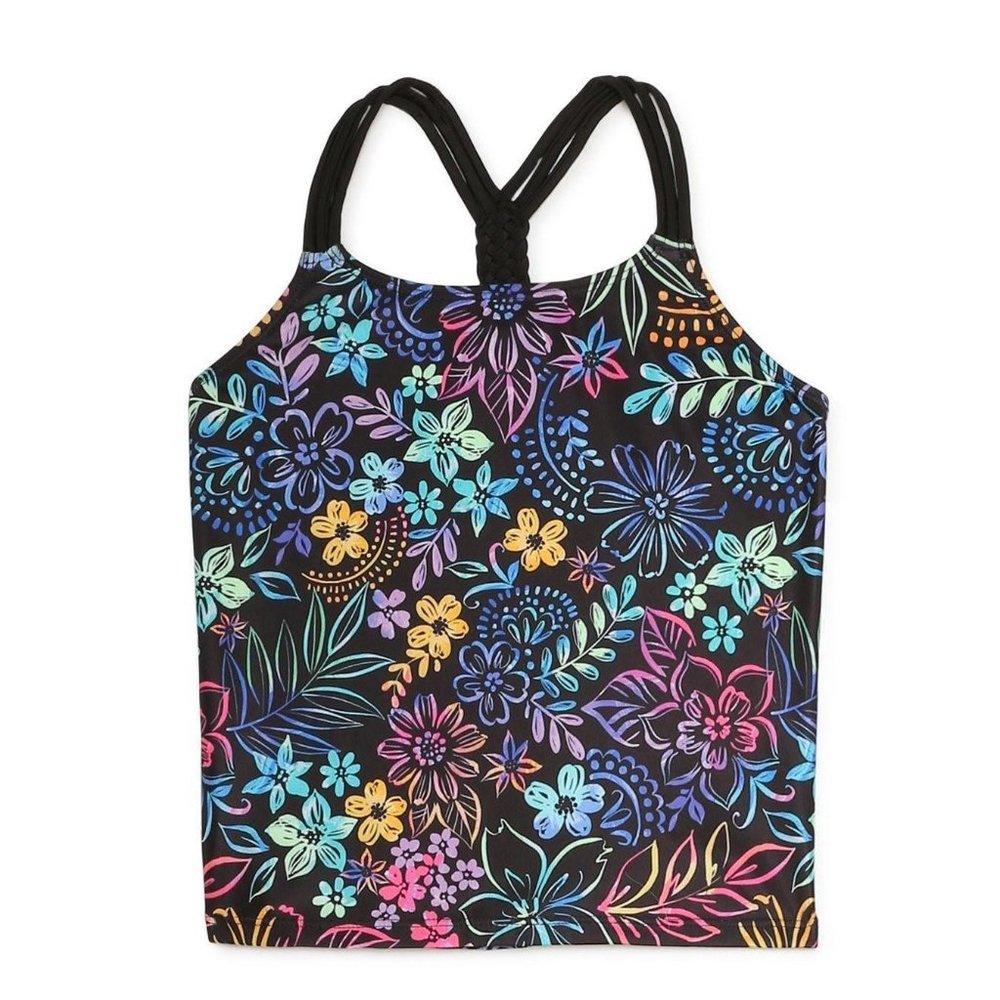 TOP ONLY Wonder Nation Girls Printed Tankini Swimsuit w/ UPF 50 Black Floral XS